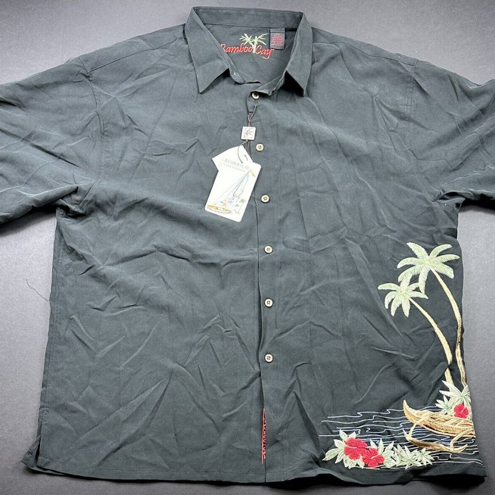 Bamboo Cay Mens XXL Black Button Up Shirt Short Sleeve Hula Girl Palm Canoe NWT